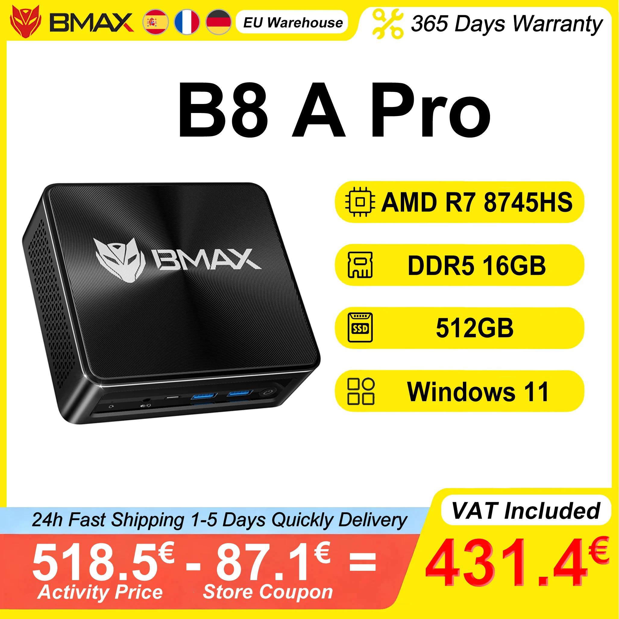 BMAX Mini PC B8 A Pro AMD Ryzen 7 8745HS 16GB DDR5 4800MHz RAM 512GB NVMe SSD Windows 11 prend en charge 4K @ 60Hz WiFi 6 AMD Radeon 780M