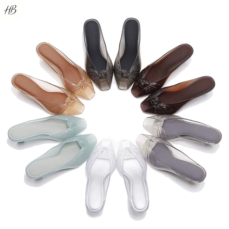 Women Square Toe Backless Mules Slippers Vamp Knot Ruched Versatile Casual Crystal Jelly PVC Block Heel High Heel Slide Sandals
