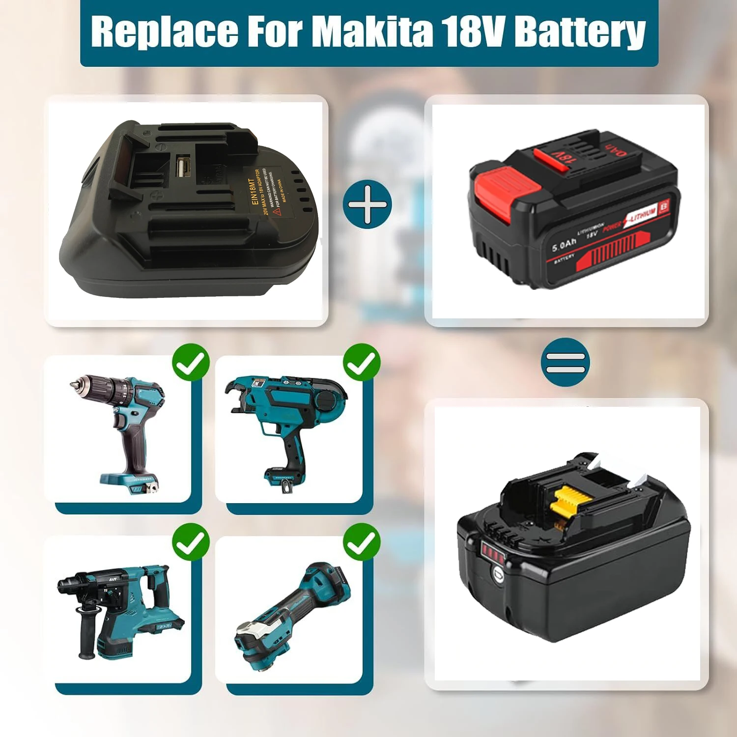 Adaptador de bateria Makita 18V, conversor de bateria Li-ion, ferramentas elétricas, bateria de lítio, 1 pc