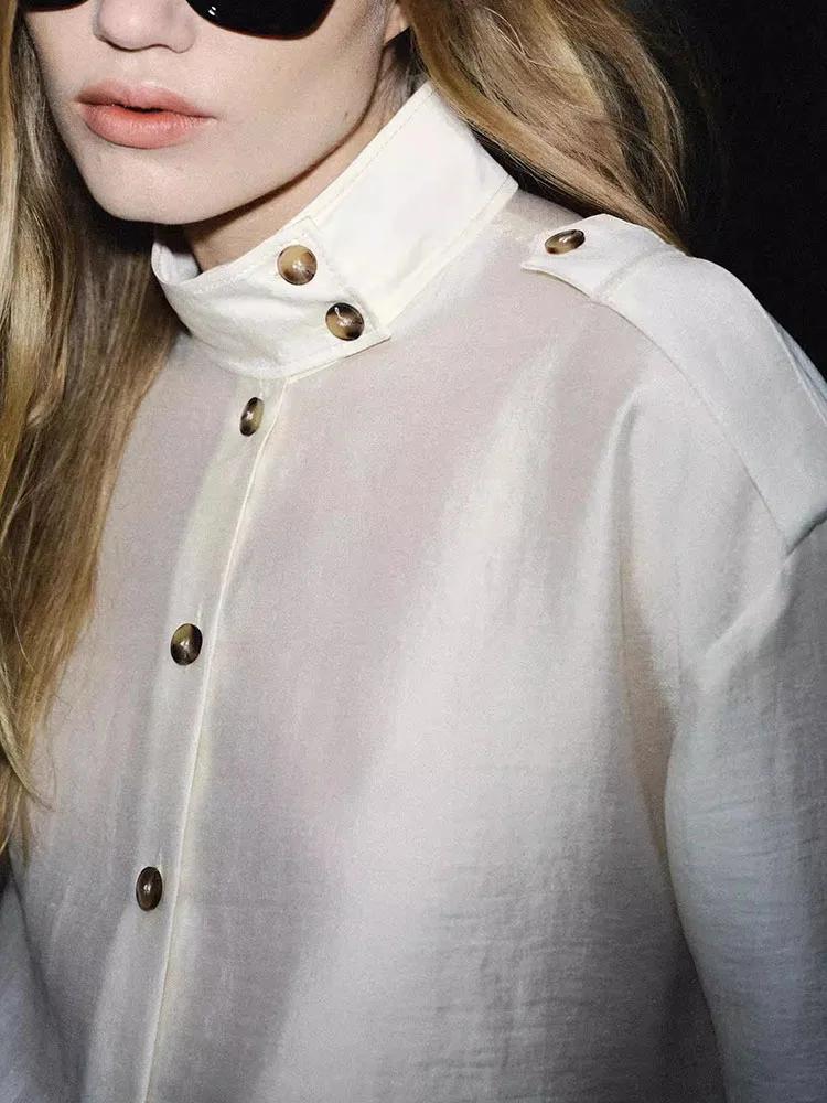 Spring New Arrival Women's Shirt Simple Long Sleeve Casual Drapey Stand Collar Blouse Ethnic Stage Costume for Young Women view 3