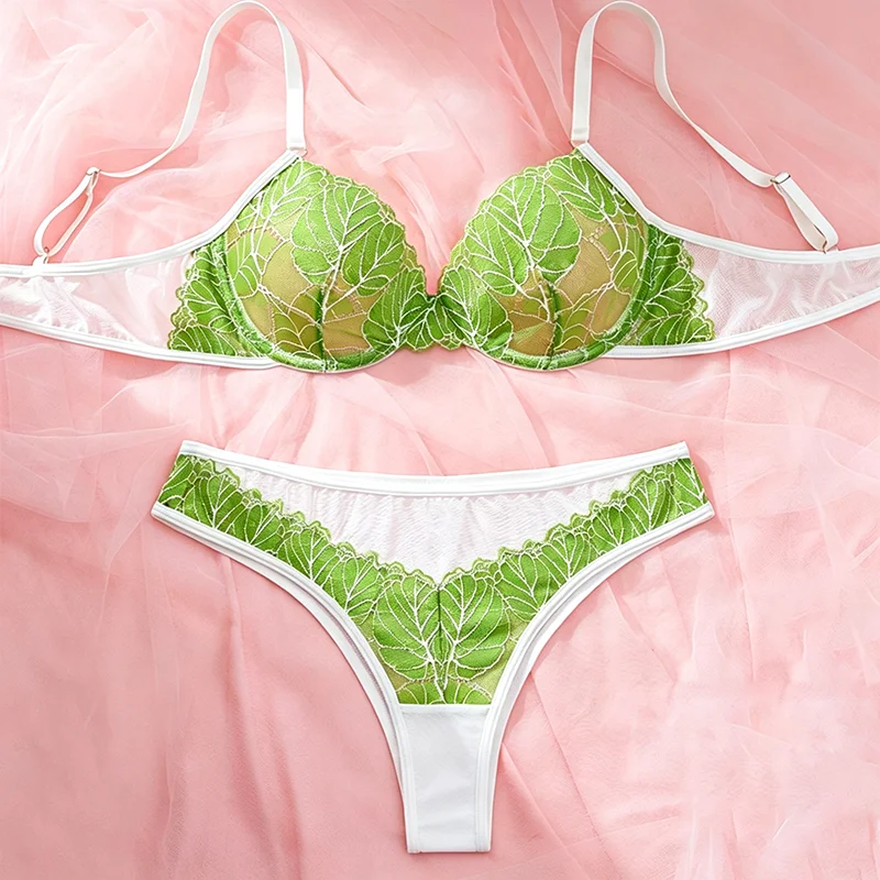 Summer Lace Lingerie Hollowed Leaf Embroidered Bra and Panties Sets Soft Comfortable Thin Mesh Underwear See Through Lingerie