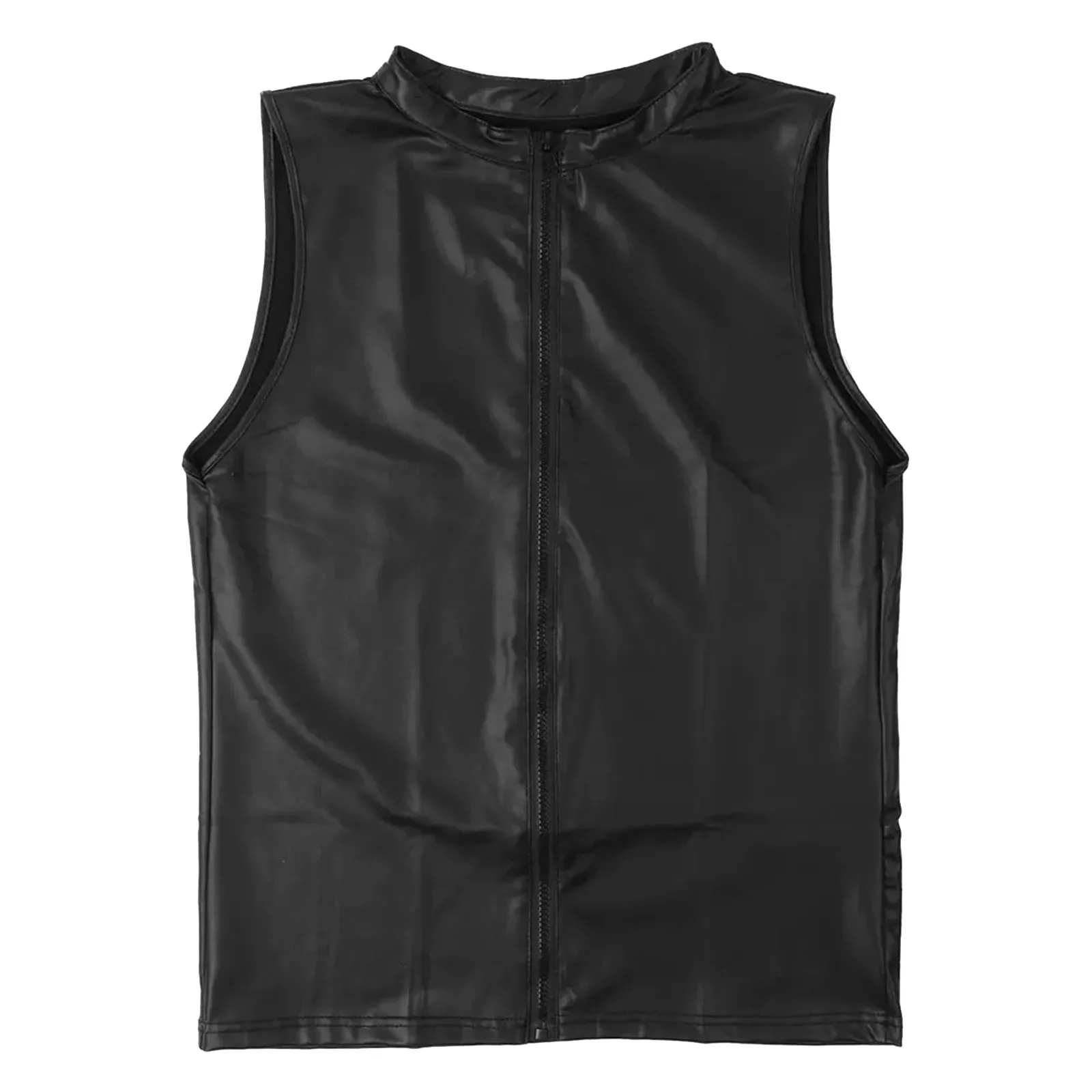 Mens Wetlook Shirt Fashion Zipper Sleeveless Vest Jacket Patent Leather Stand Collar Tank Tops for Clubwear Party Performance