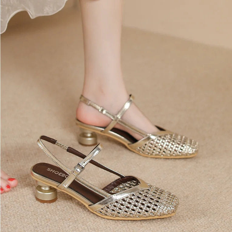 

Летние женские босоножки на высоком каблуке, французские ретро-полые тканые туфли с квадратным носком, необычные женские босоножки на каблуке с закрытым носком и пяткой