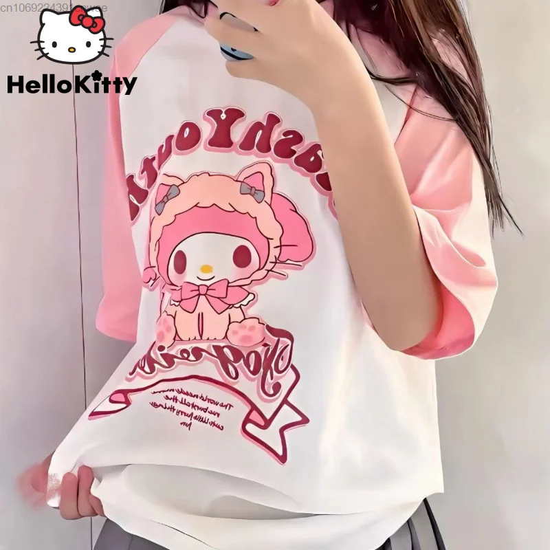 Sanrio My Melody Women Summer T Shirt Yk2 Cute Anime Kuromi 2023 Novelties Tops Female Y2k Kawaii Graphic Tee White Pink Clothes