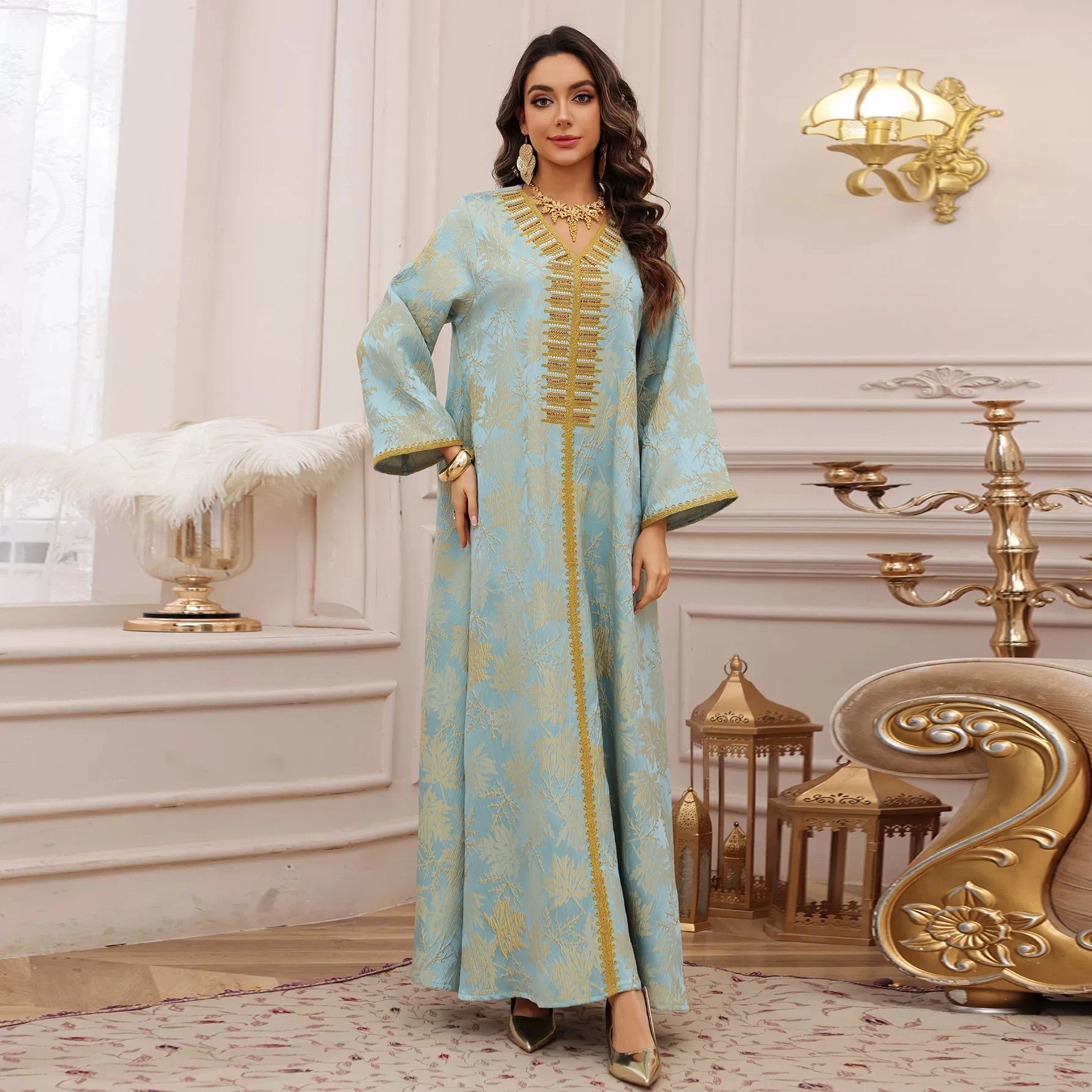 Satin Ramadan Party Dress for Women Mulsim Abaya V Neck Diamond Jalabiya Dress Maxi Robe Moroccan Caftan Party Vestidos