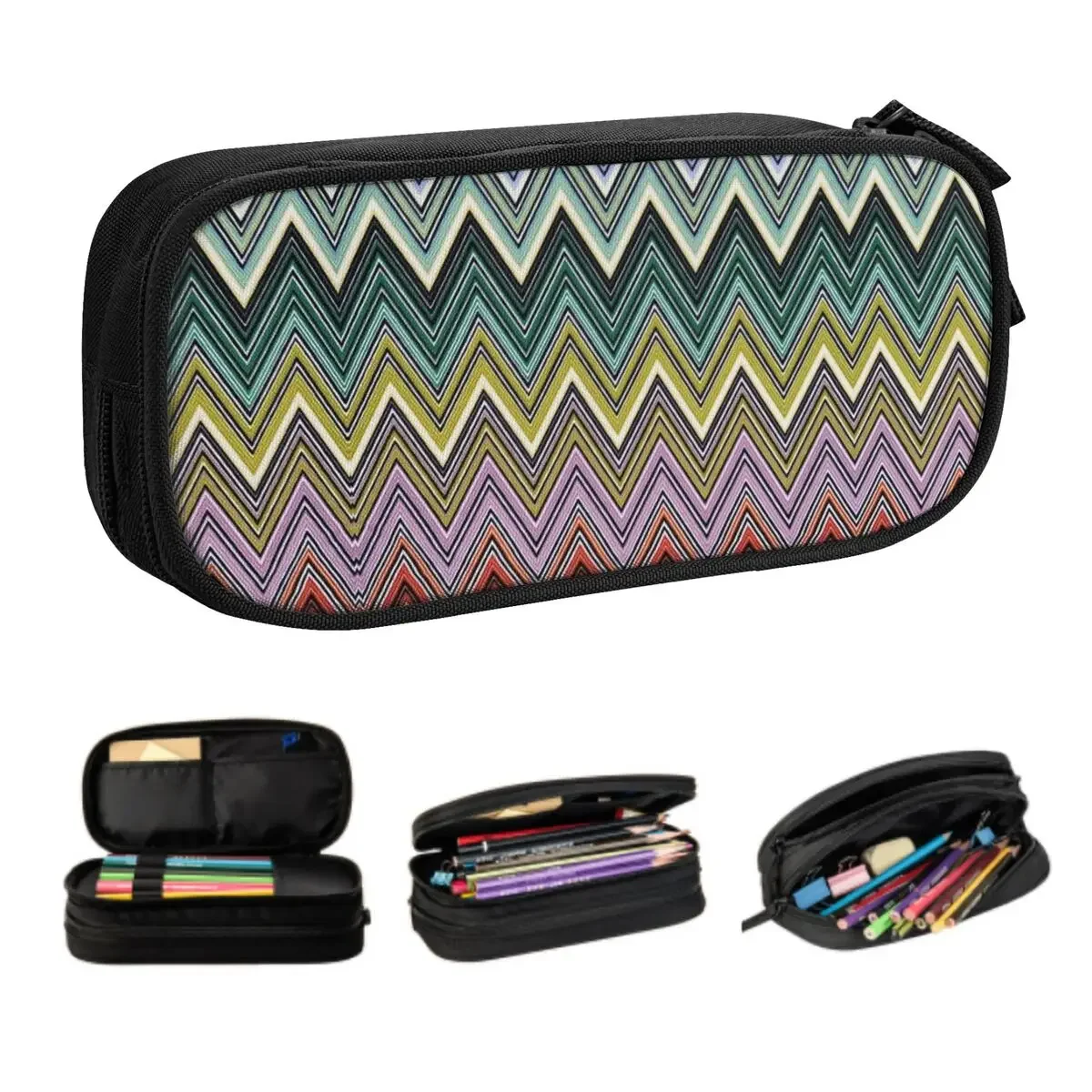 

Boho Home Kawaii Pencil Case Boys Gilrs Large Storage Chic Abstract Geometric Zigzag Pencil Pouch Students Stationery