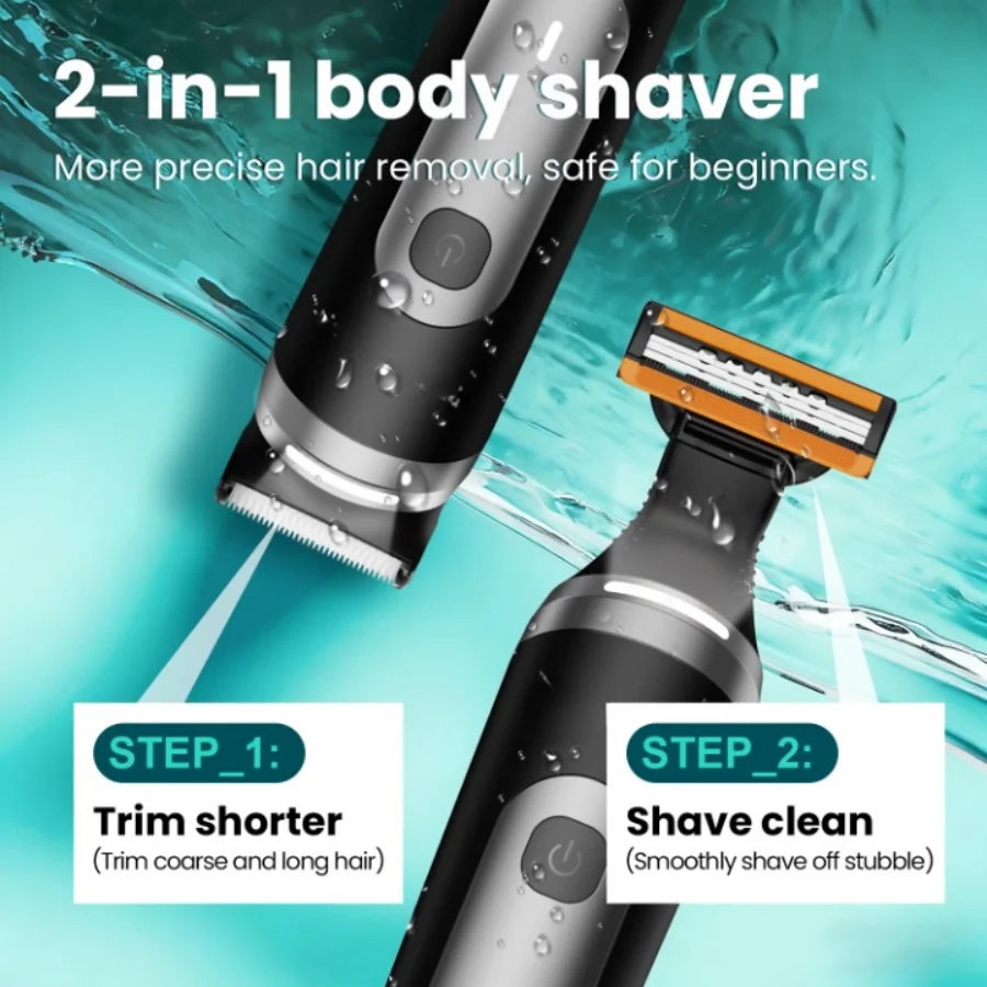2-in-1 Men’s Body Trimmer, IPX6 Waterproof Pubic Shaver with LED Light