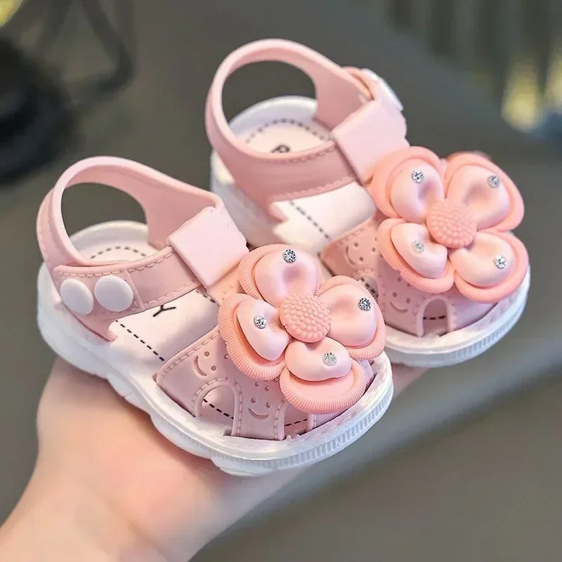 Summer Flowers PVC Children Sandals Princess Anti Slip Toddler Kids Beach Shoes Soft Button Baby Girls Flat Sandals