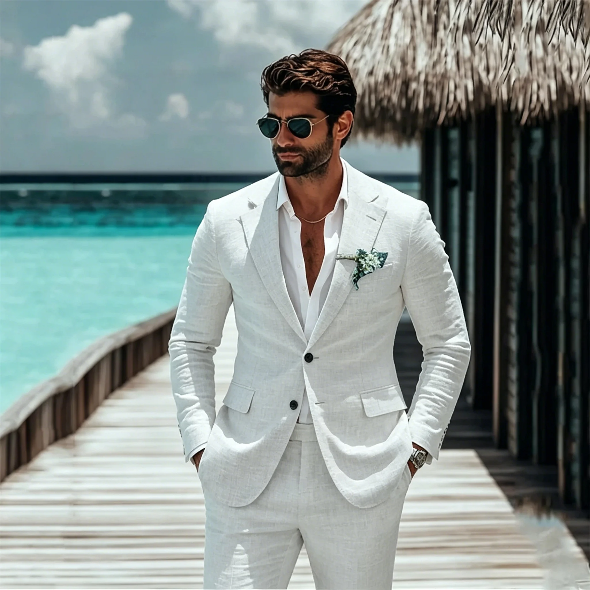 

White Linen Suits For Men 2 Pieces Beach Wedding Party Tuxedos Notched Lapel Casual Linen Male Blazer Pant Costume Homme Mariage