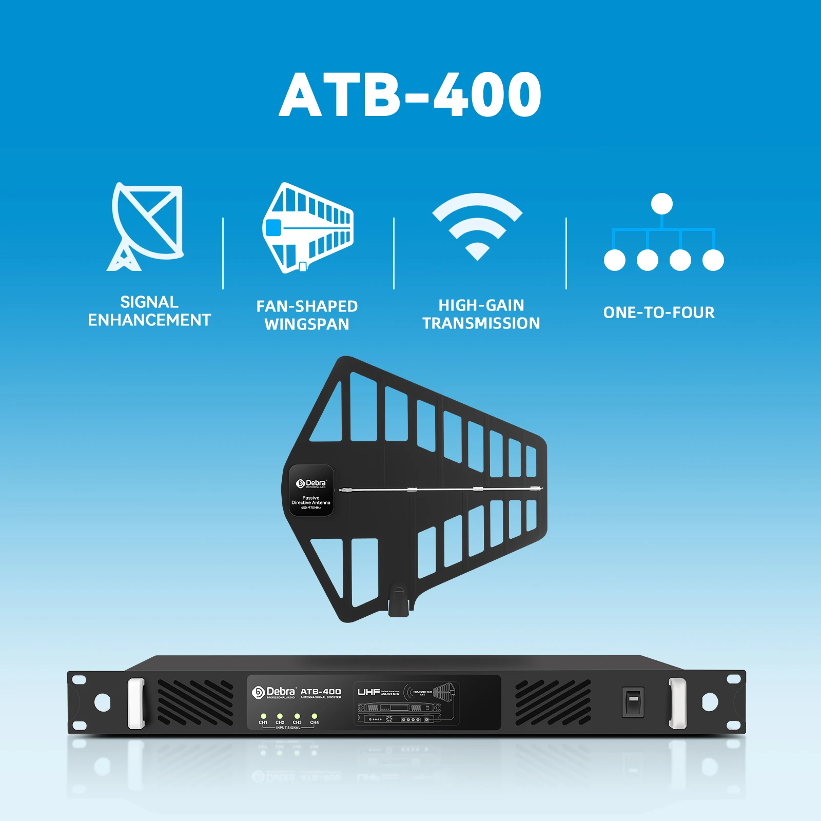 

Беспроводной усилитель сигнала для внутриканальных мониторов Debra ATB-400, 12-ступенчатая регулировка уровня радиочастотного сигнала, для выступлений на открытом воздухе