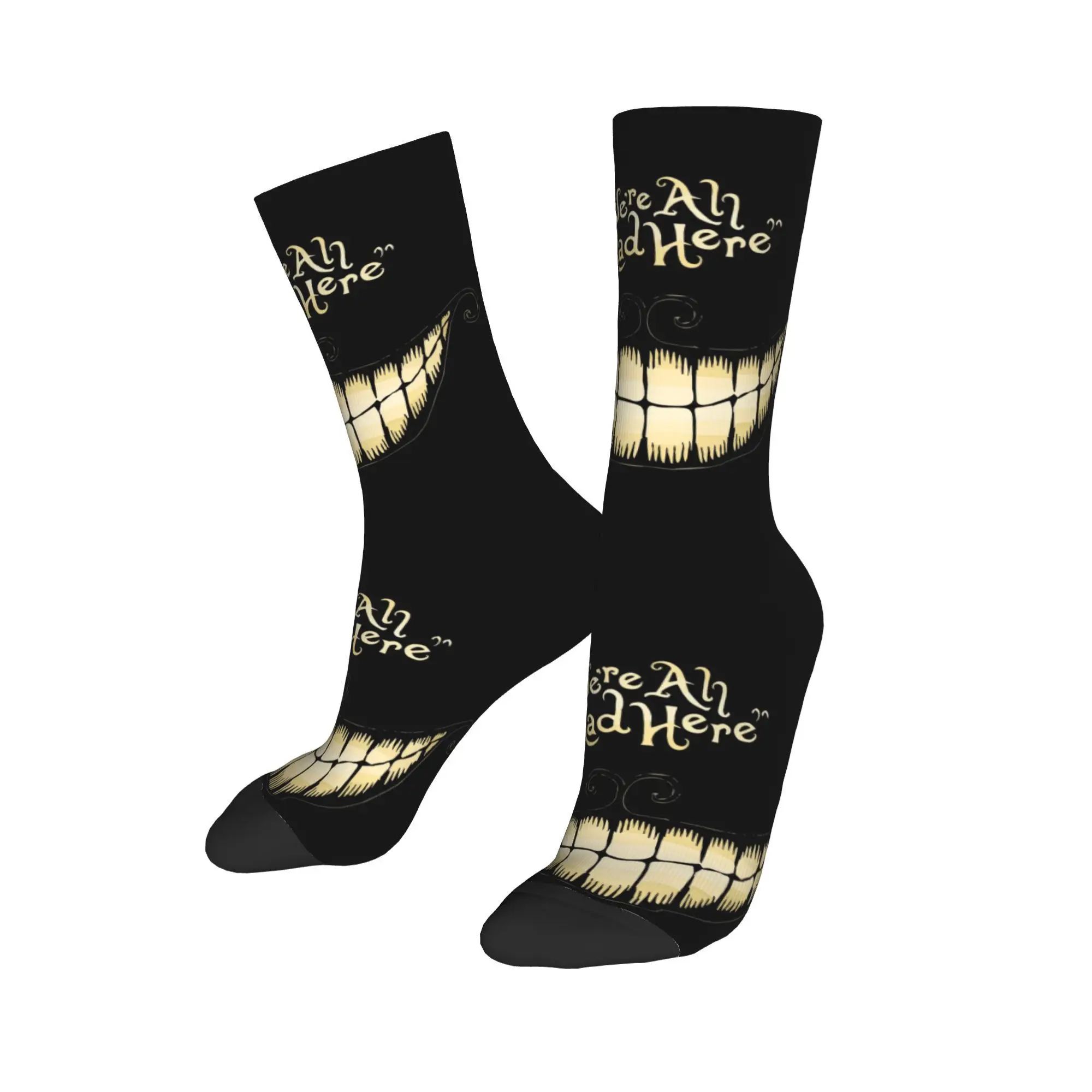 Custom Cute We’re All Mad Here Smile Socks Women Men Warm 3D Printed Cheshire Smile Cat Football Sports Socks