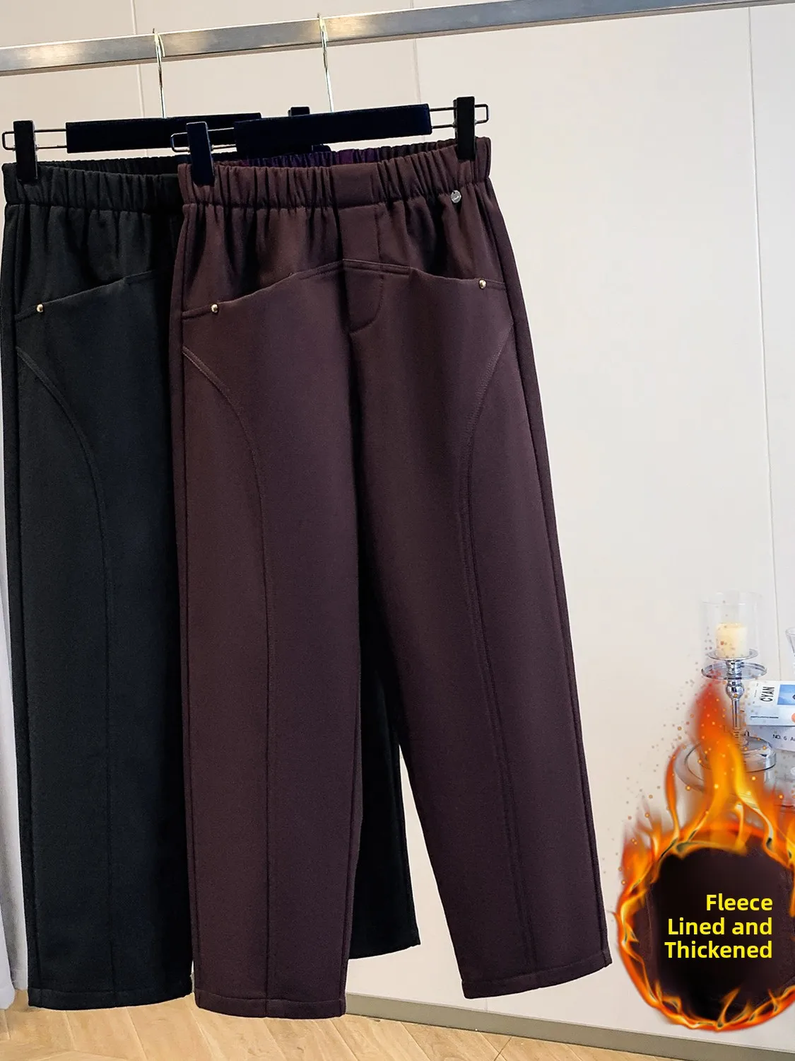 Inverno Thiened Fce Forrado Harlan Calças Casuais Femininas Plus Size Leggings Quentes Cintura Alta Calças de Corte Reto