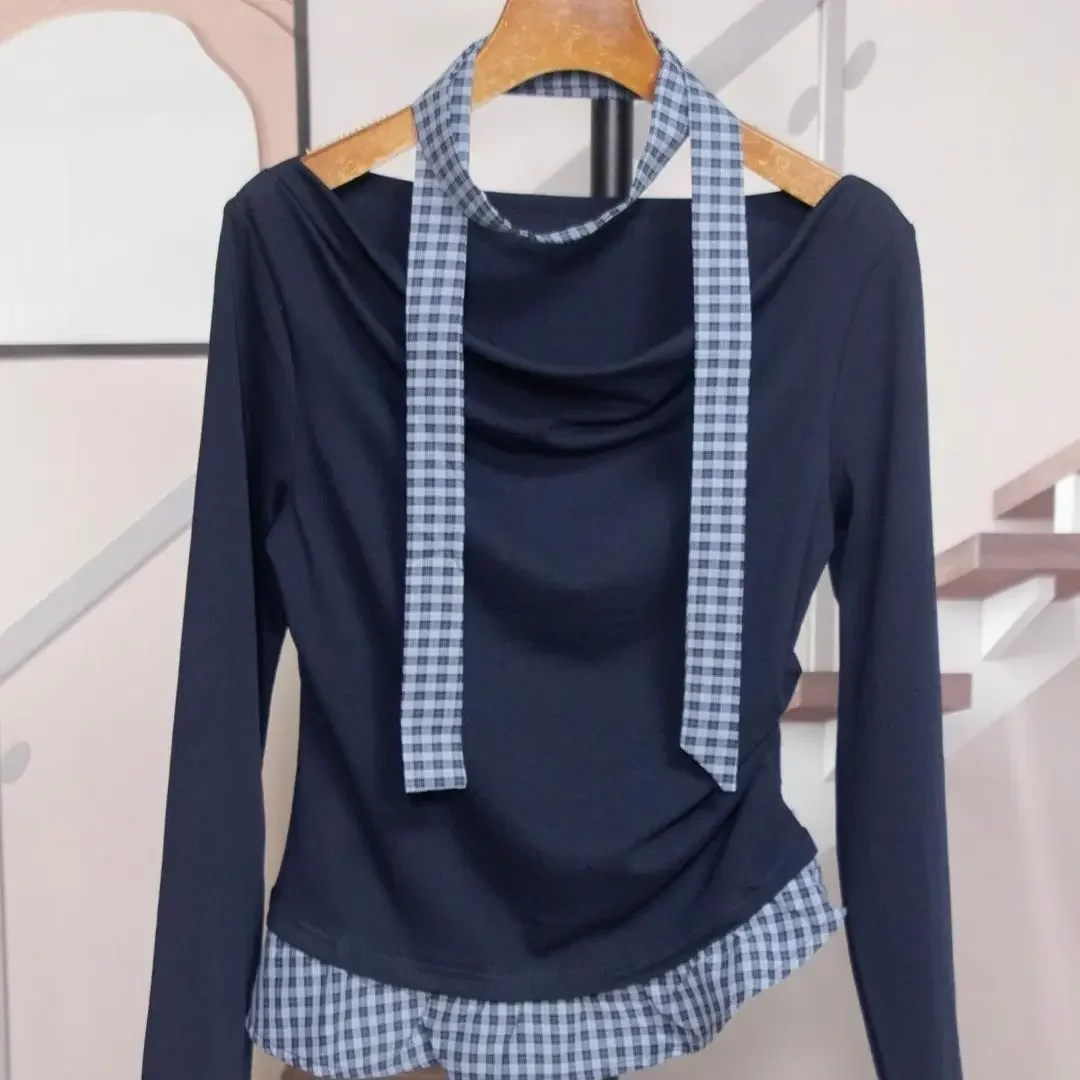 New Women's Autumn And Spring Casual Age-reducing Waist-cinching Two-piece Spliced Flutter Sleeve Long-sleeve T-shirt