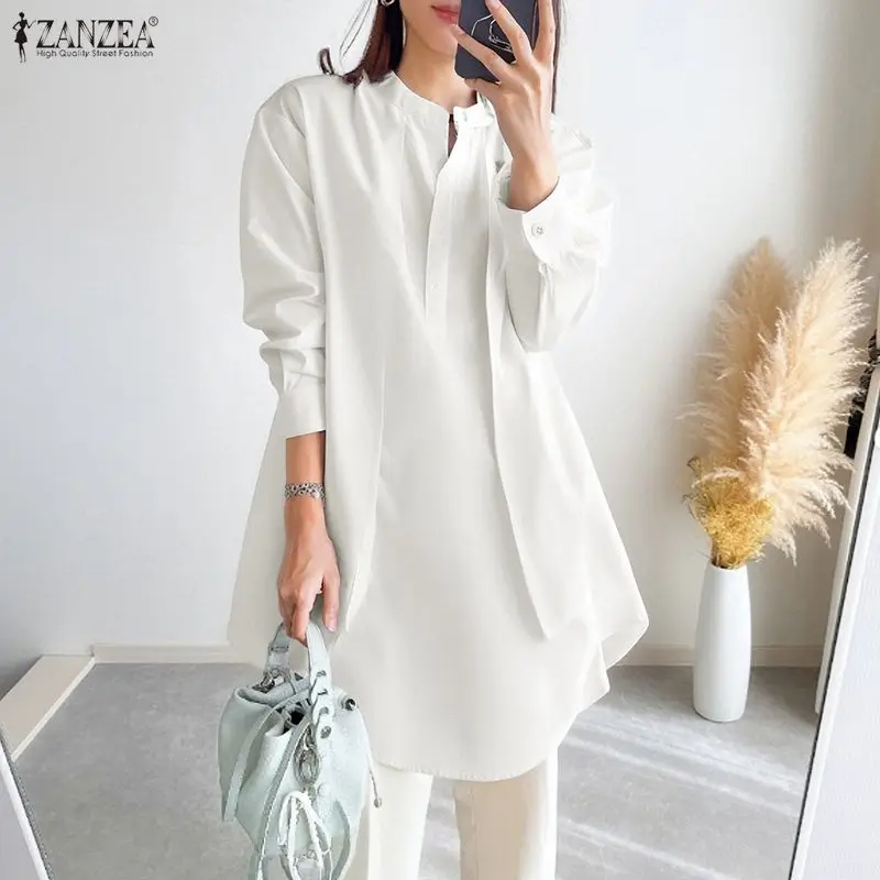 

ZANZEA Women's Oversized High-Low Long Blouses Fashion Patch Design Long Sleeve O-Neck Half-Button White Shirts Woman Clothes