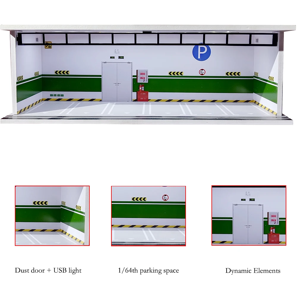 Auto-Garage-Diorama im Maßstab 1:64, mit USB-LED-Licht, realistische Parkplatz-Vitrine für Modellautos und Miniaturfahrzeuge – Detail 18
