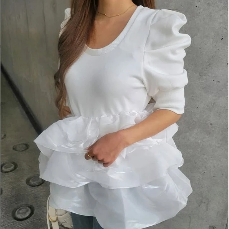 

OCEANLOVE Ruffles T Shirt for Women Puff Sleeve Spring Summer Sweet Retro Ropa De Mujer Fashion Japanese Style T-shirts