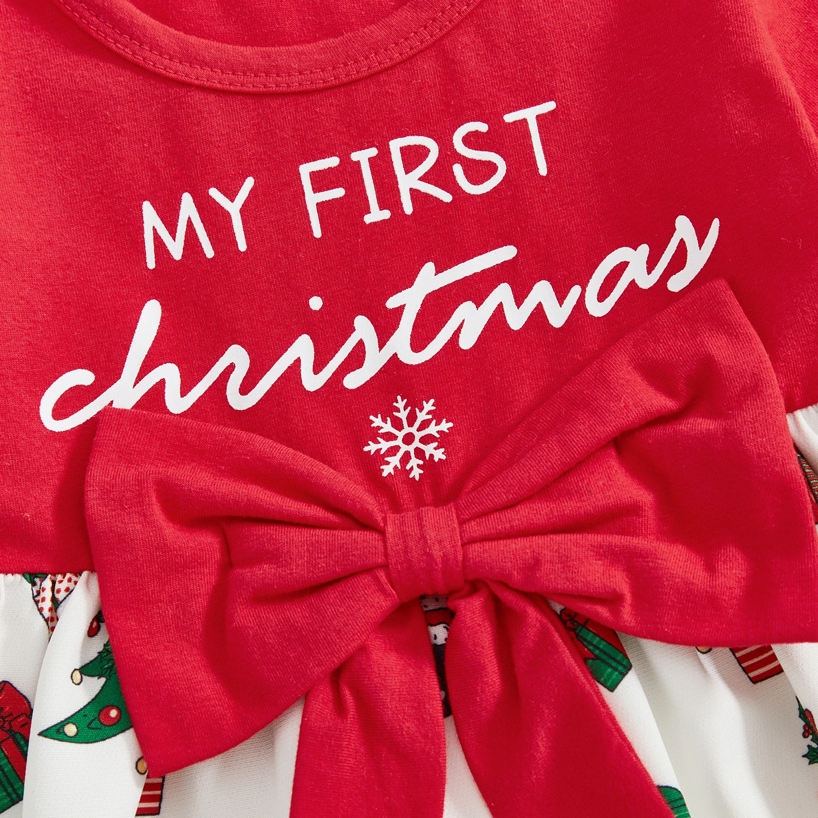 VISgogo فستان عيد الميلاد للفتيات الصغيرات من عمر 0 إلى 18 شهرًا بأكمام طويلة ورقبة دائرية وفيونكة أمامية فستان فضفاض للعطلات