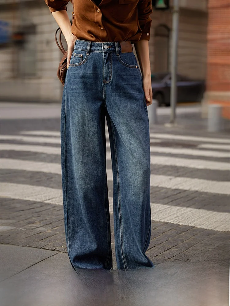 

Modern Silhouette Fce Lined Straight Leg Jeans Women's Warm Faionable Wide Leg Jeans Long Zipper Closure Winter Pants