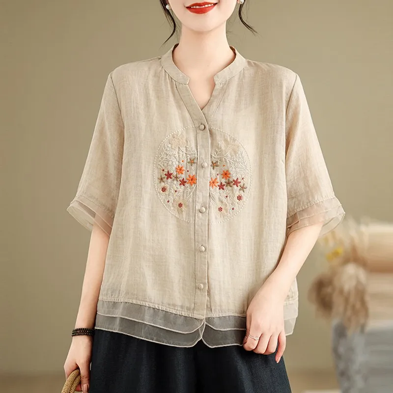 Women Summer Casual Shirt New Arrival 2024 Vintage Style V-neck Floral Embroidery Loose Female Half Sleeve Tops Shirts B3611