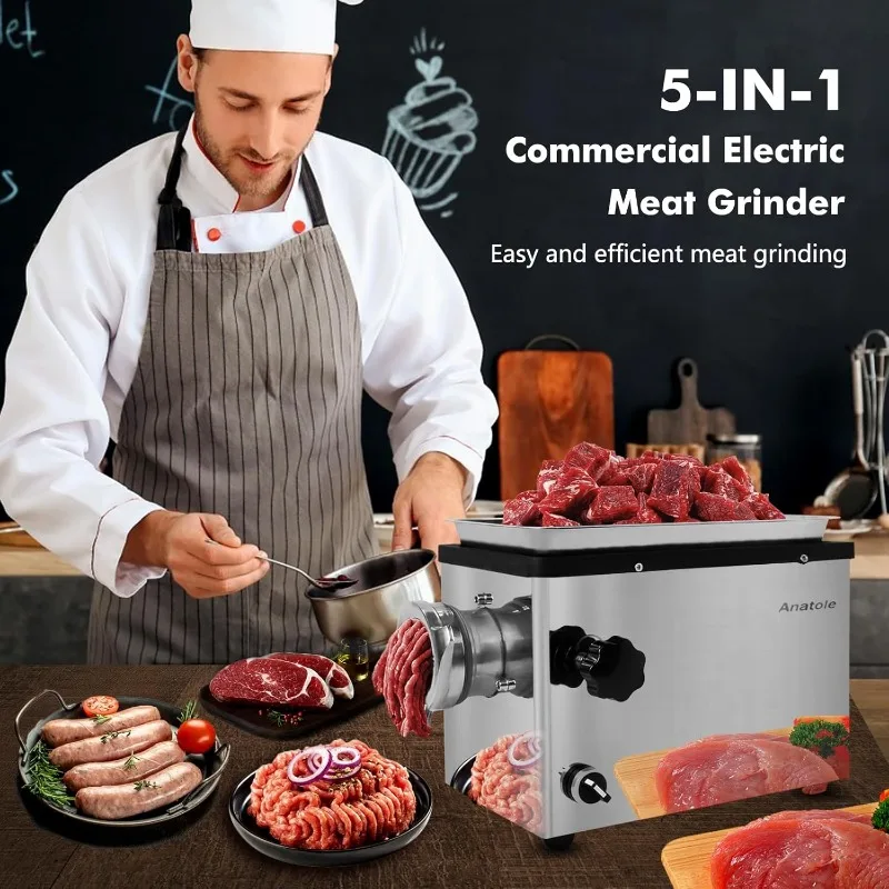 Commercial Electric Meat Grinder 1.5 HP 1100 W All Stainless Steel Meat Bones Mincer with 4 Grinding Plate 2 Blades