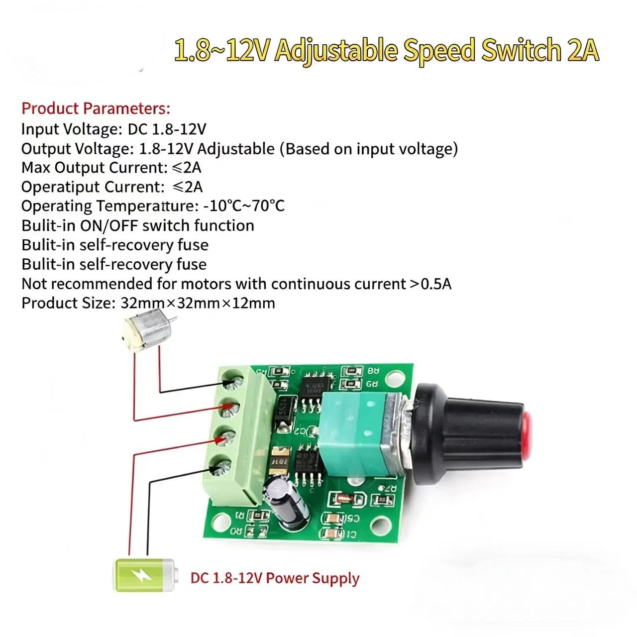 Mini DC PWM Motor Speed Controller 2.2-12V 2A Adjustable Speed Regulator Module - view 2