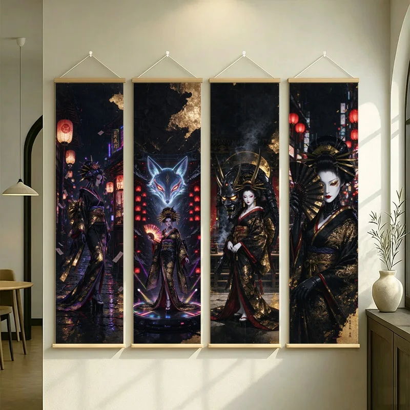 Dark Fantasy Wall Art Mystical Figures Fox Mask and Red Moon on Silver Shimmer Canvas for Dramatic Living Room Decor