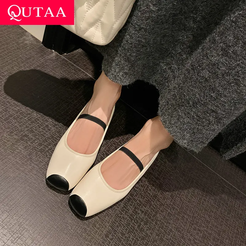 QUTAA 2025 Fashion Women Flats Shoes Heels Ballet Spring Casual Leather Square Toe Mary Jane Pumps Shoes Woman Size 34-40