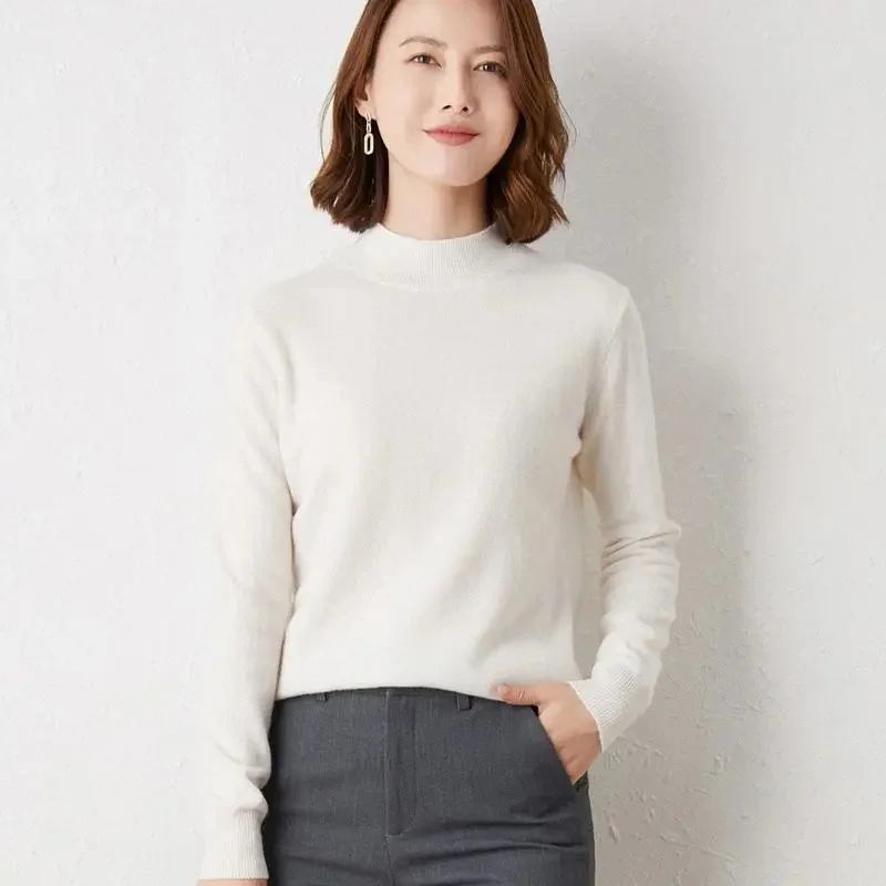 2023 New Solid Mock Neck 100%Wool Cashmere Sweater Female Autumn Winter Loose Sweater Knitted Wool Bottoming Shirt Casual