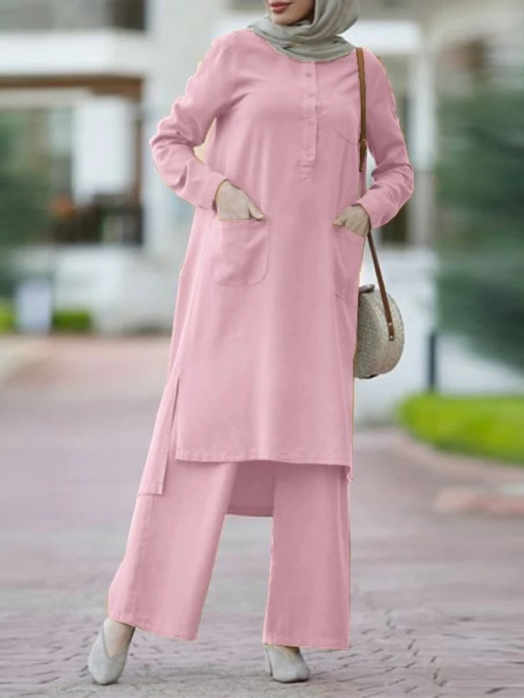 Eid Moslim Set Vrouwen 2 Stuk Musulman Ensemble Dubai Zakken Blouses Wijde Pijpen Broek Casual Arab Ramadan Kaftan 2024 Outfit Pakken