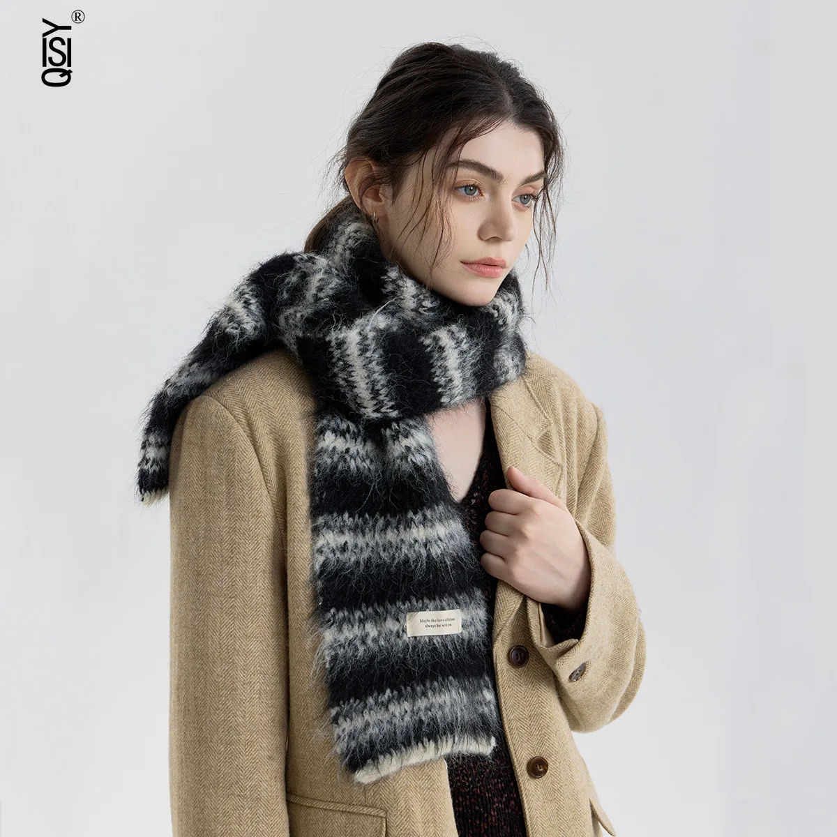 

25 New Korean-style Atmosphere, Color-blocked Striped Wool Knitted Scarf for Women, Winter Warmth, Fleece Shawl, Scarf