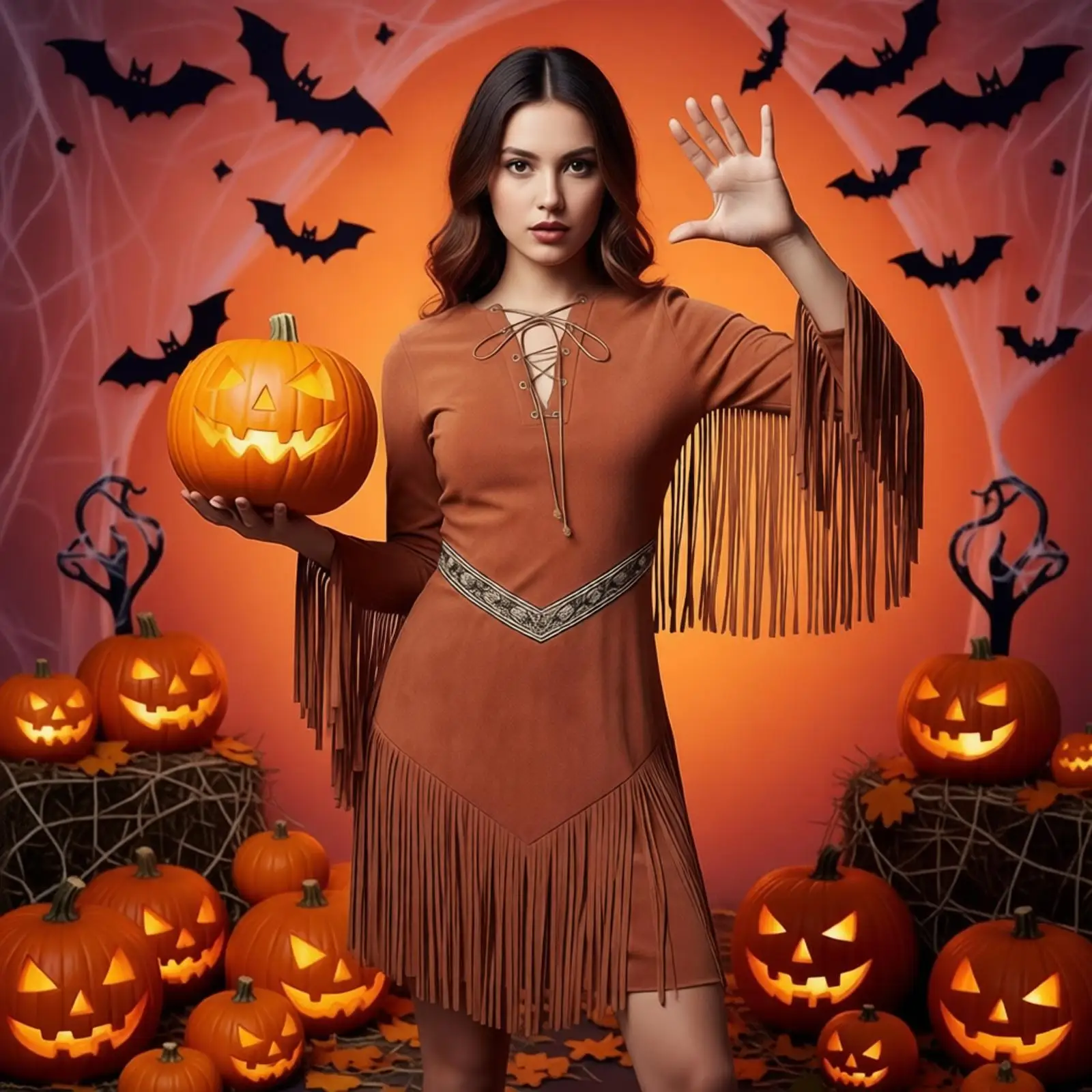 Women Halloween Primitive Caveman Tribal Cosplay Costume Long Sleeve Laceup Princess Dress Up Retro Tassel Brocade Fringed Dress
