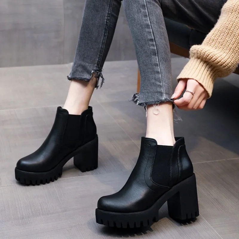 

Women Boots High Quality Casual Leather Boots Thick Sole High Heels Boot Black Work Ankle Boots Platform Casual Boot Botas Mujer