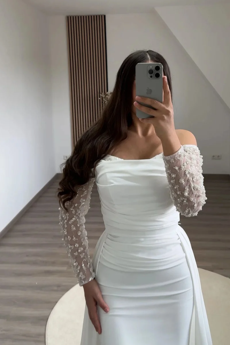 Annie White Wedding Dress Glitter Beads Arab Ladies Prom Dresses Mermaid Long Sleeves Elegant Lady فساتين سهرة Customized 2025