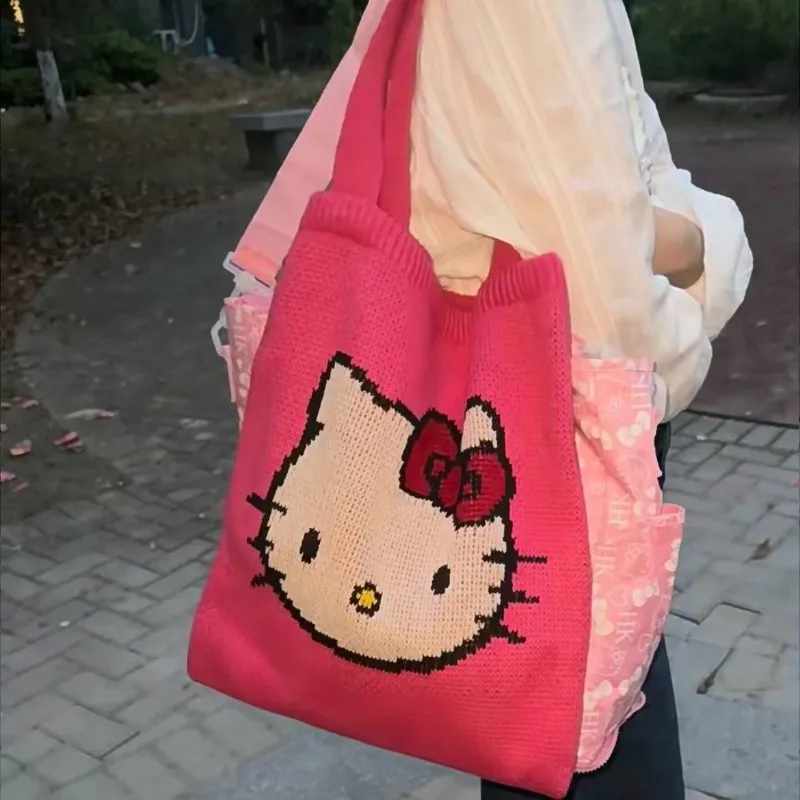 

Cute Sanrio Hello Kitty Knitted Shoulder Bag Cartoon Large-capacity Woolen Handbag Commuting Versatile Hand-held Tote Bag