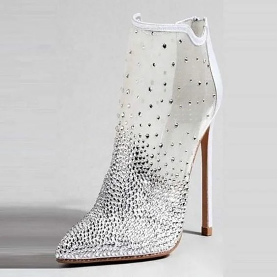 

Design Dress Luxury Mesh Rhinestone Ankle Boots Women Pointed Toe Stiletto High Heel White Wedding Boots Lady Crystal Shoes Sexy