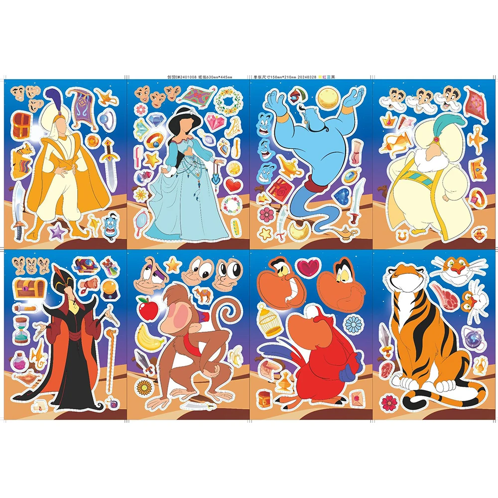 8/16 lembar stiker Puzzle Disney Aladdin Jasmine stiker wajah putri Kawaii stiker edukasi Jigsaw anak-anak untuk anak-anak