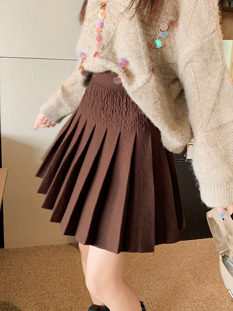 Vintage Knitted Pleated Skirts Female 2024 Fall Winter Soft Sweater Skirts Elegant Casual A-Line Mini Skirts Fashion Short Skirt