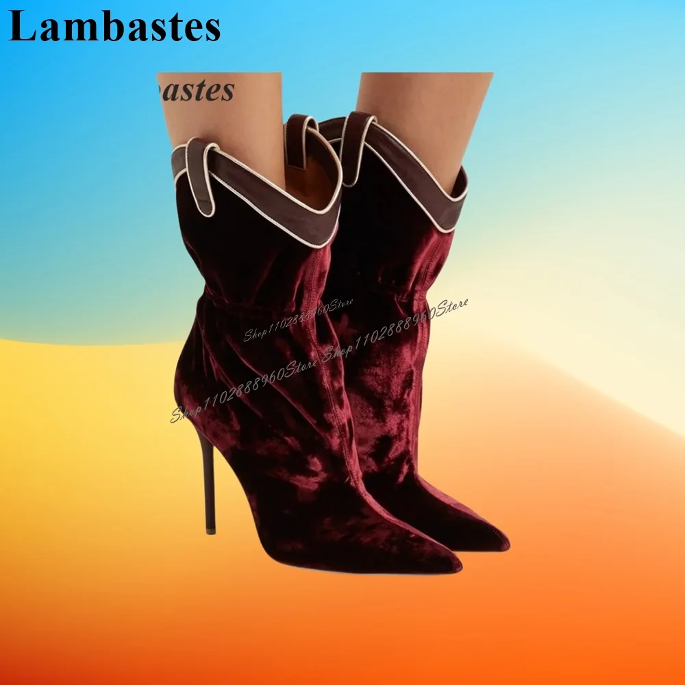 Western Style Mid Calf Burgundy Suede Elastic Boots Thin High Heel Women Shoes Slip-On Pointed Toe 2023 Fashion Zapatillas Mujer