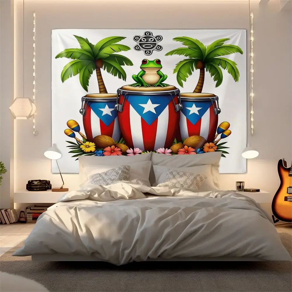 Puerto Rico Frog Tropical Floral Print Tapestry Wall Hanging Tapestries Wall Blanket Backdrop Decor Caribbean Tropical Wall Clot