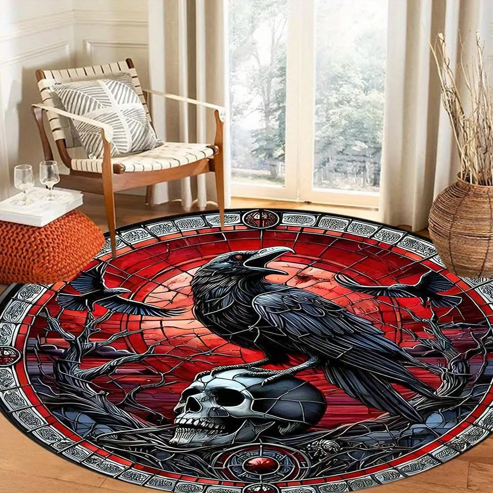 Gothic Raven & Skull Round Rug – Soft Decorative Mat for Bedside, Small Spaces – Unique Gift Idea