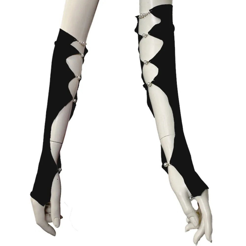 UV Protection Cool Black Punk Arm Sleeves Thin Springy Pearl Half Finger Arm Cover Leg Socks Y2K Hollowed Calf Sleeve Girls