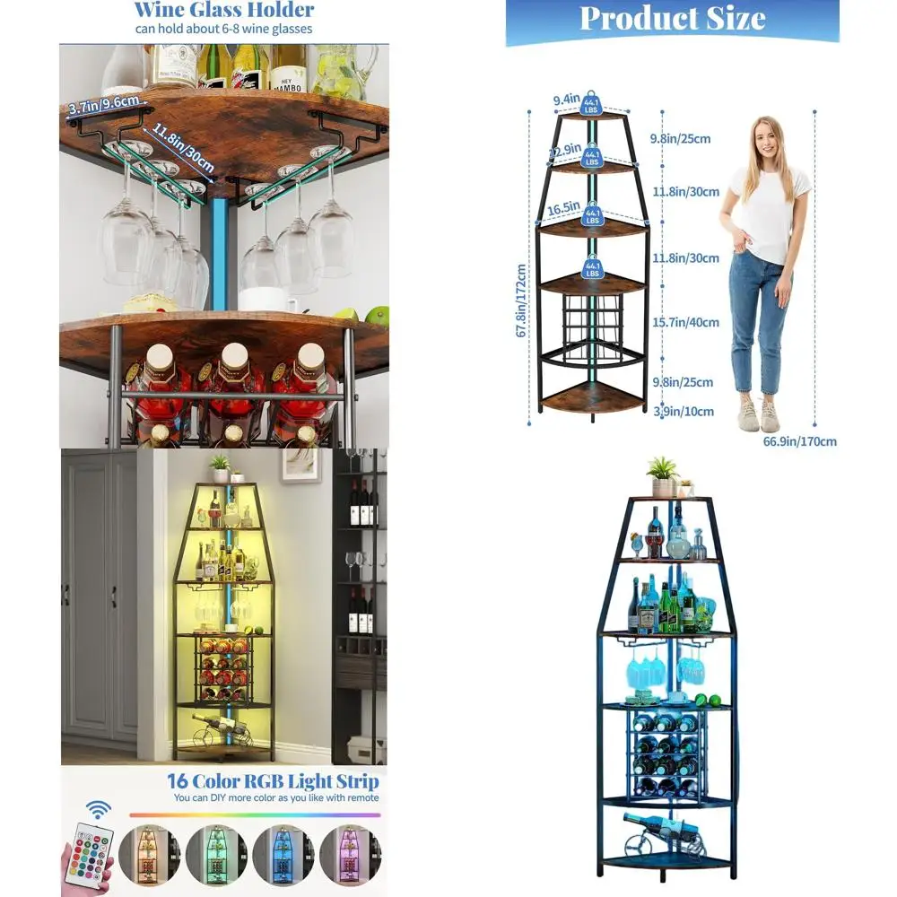 

Floor-Standing 6-Tier Wine Rack with LED Lights, Metal and Wooden Shelves for Kitchen, Living Room, and Home Bar