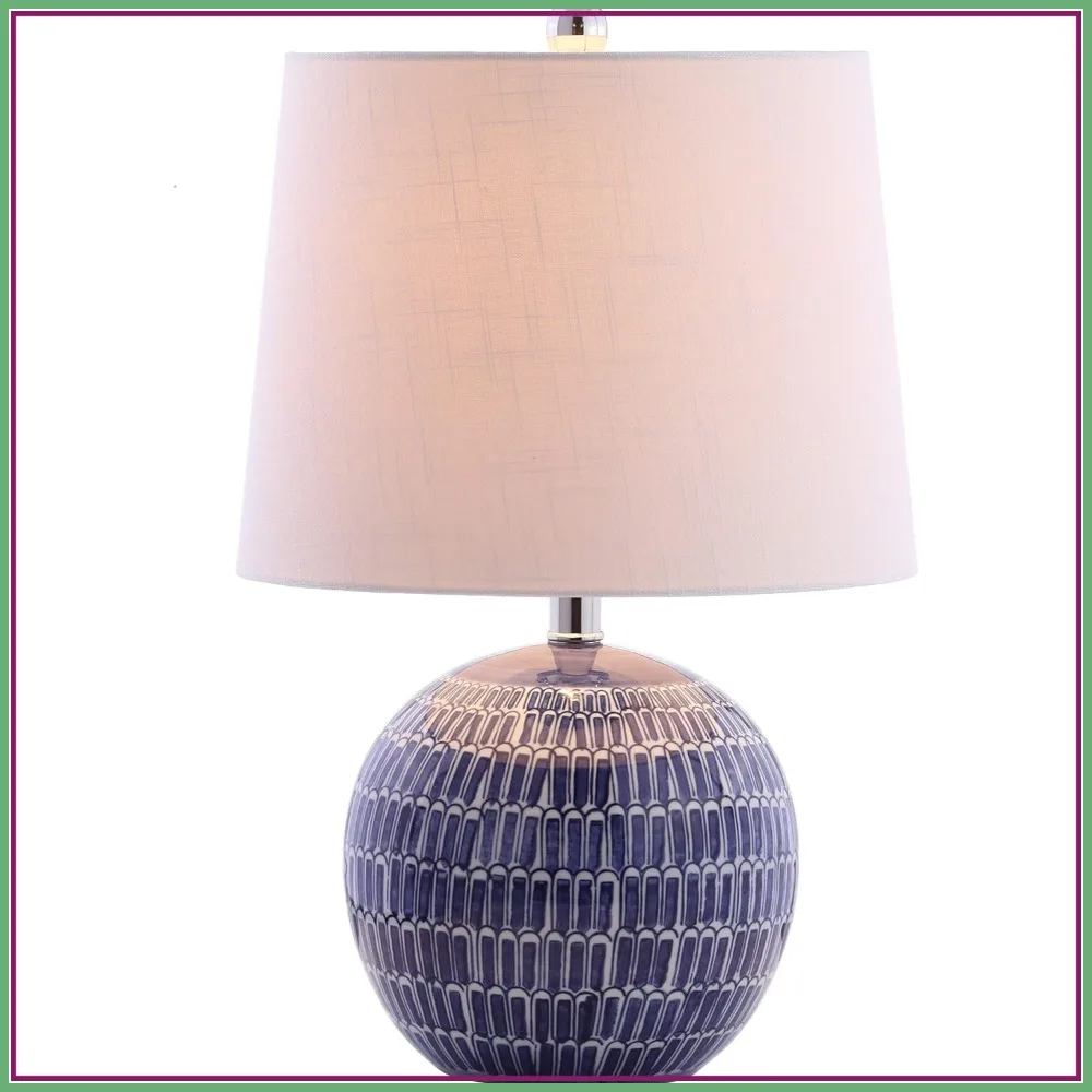 

21" Navy Ceramic Hand-Painted Scallop Sphere Table Lamp, Coastal Bedside Lamp with White Linen Drum Shade, LED Bulb Included