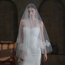 V855 Elegant Wedding Bridal White Lace Veil One-Layer Tulle Appliqued Brides Covering Face Headdress Veil