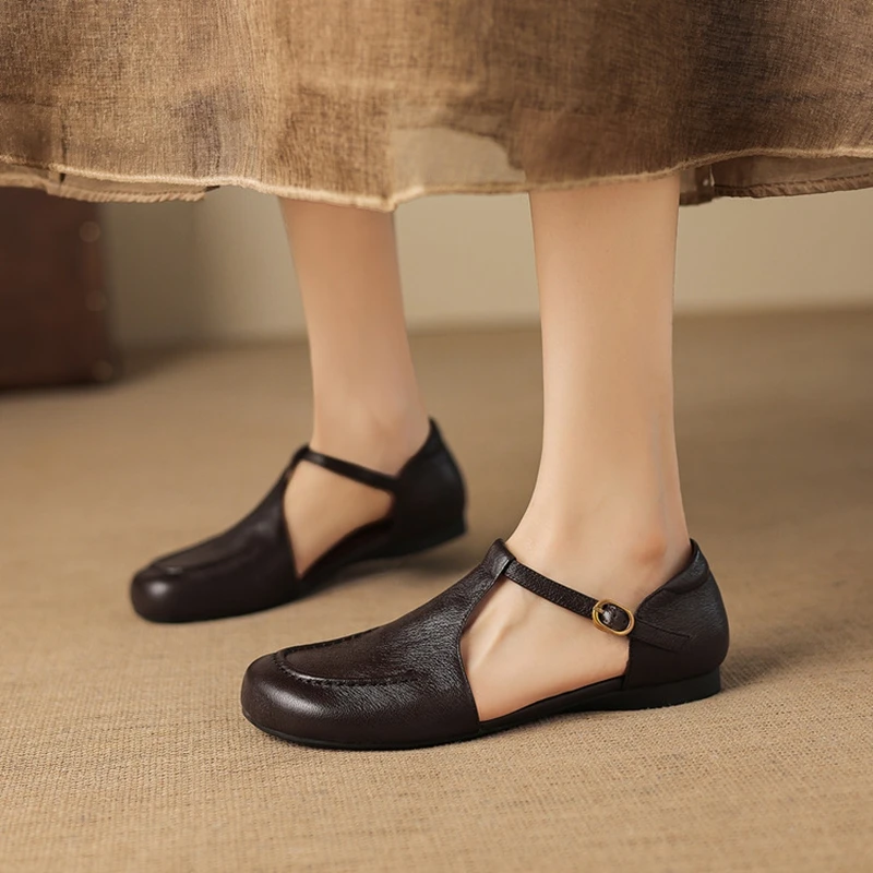NEW Summer Women Shoes Genuine Leather Sandals for Women Round Toe Low Heel Shoes Soft Daily Shoes Cover Toe Cover Heel Sandals