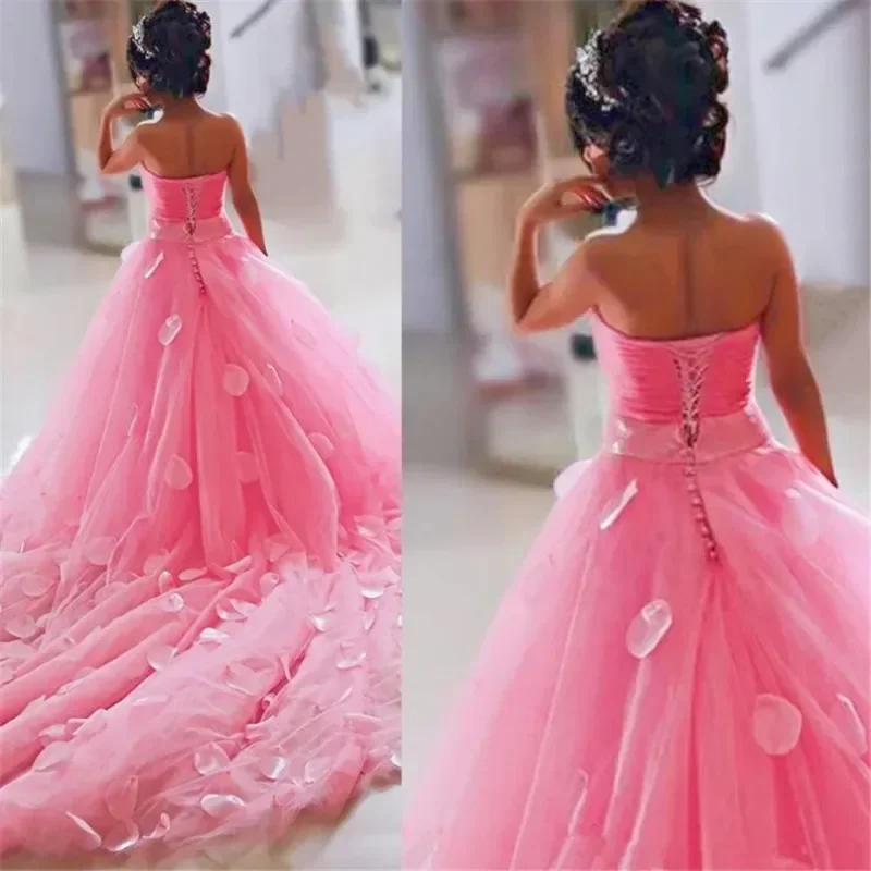 Vestidos de flores rosas para niñas, corpiño de encaje, vestido de graduación de princesa para boda, fiesta de cumpleaños, vestido de noche