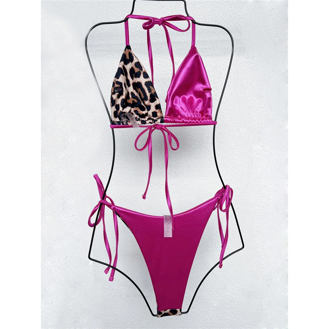 XS - L Leopardenmuster Neckholder-Bikini mit Satin-Details, Damen-Badeanzug, zweiteiliger Bikini-Set, Badebekleidung, Badeanzug, Schwimmanzug V4752SW – Detail 39