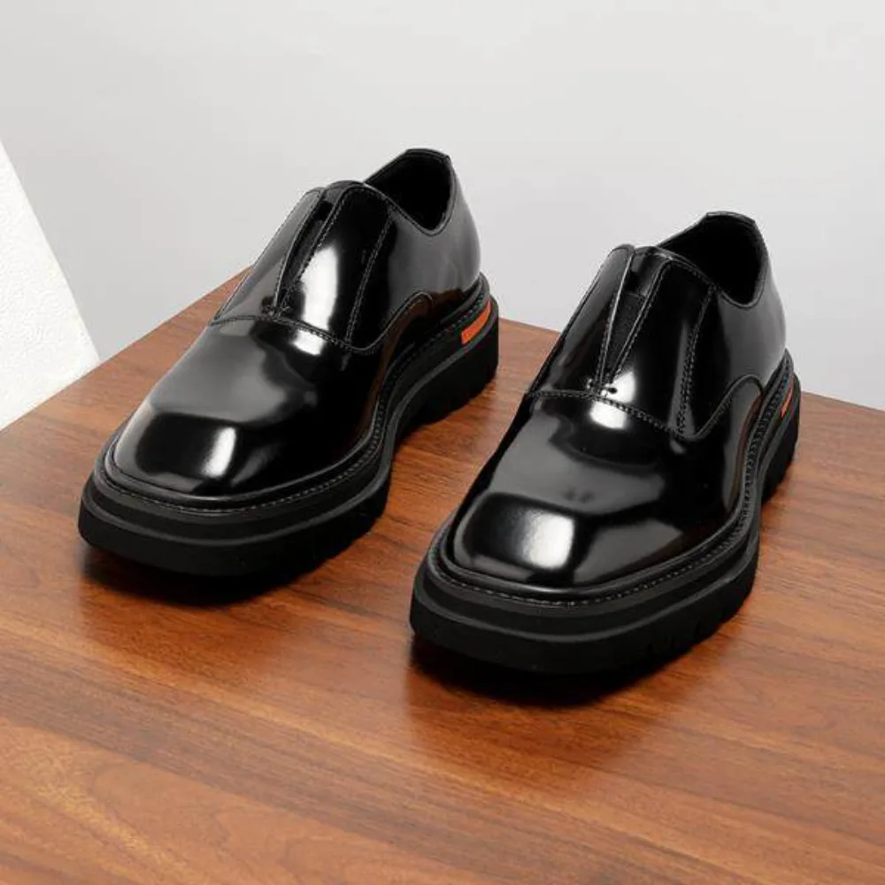 New Summer Genuine Leather Mens Loafers Bright Leather British Style Slip On Thick Soled Square Head Casual Business Dress Shoes