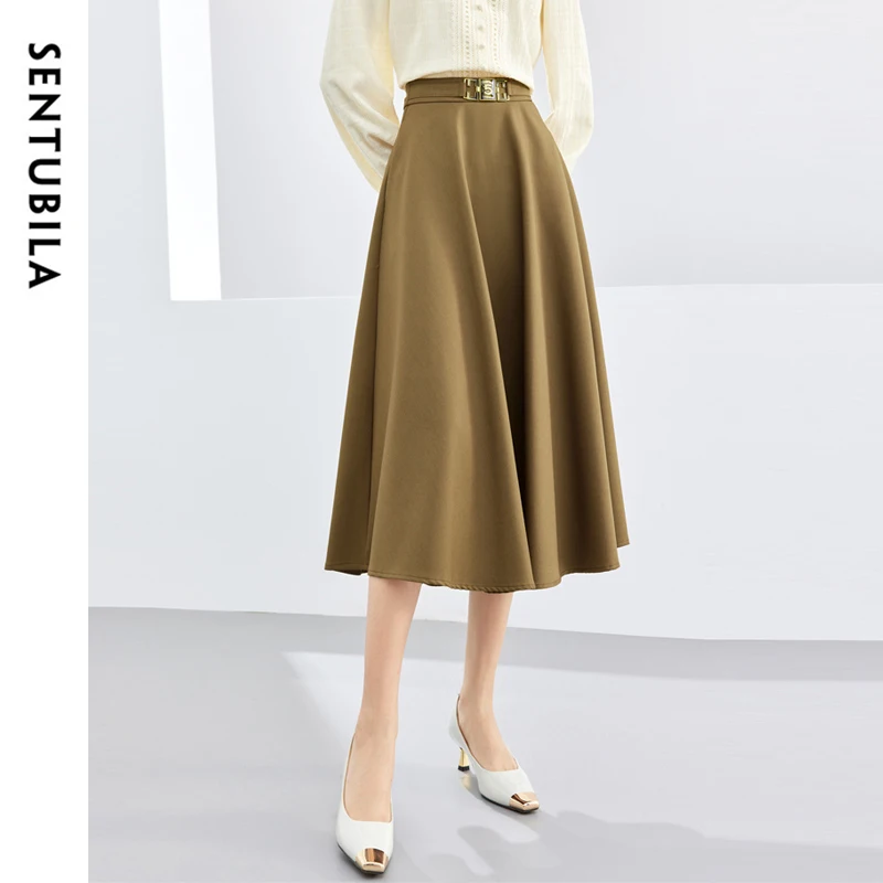 SENTUBILA A-line Black Skirt for Women 2024 Autumn Metal Decoration High Waist Classic Office Lady Long Skirts 141Q51776