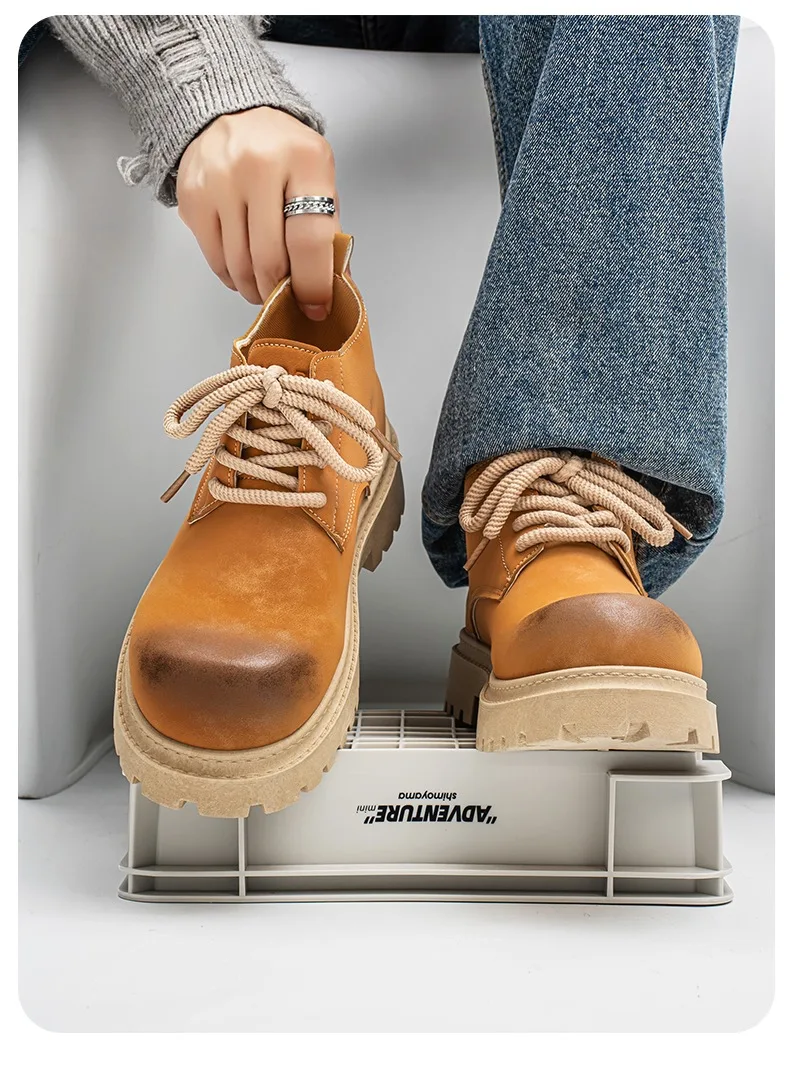 Men's shoes 2026 upturned yellow boots mid top men's shoes big head retro thick soled men's shoes